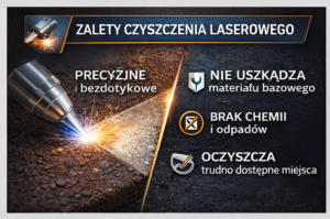 3 Grafika przedstawiająca zalety czyszczenia laserowego, z ikonami i tekstem informacyjnym