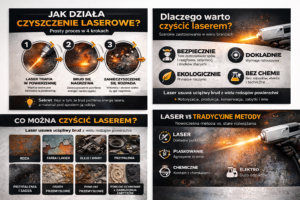 Infografika przedstawiająca proces czyszczenia laserowego oraz jego zalety i por&oacute;wnanie z tradycyjnymi metodami