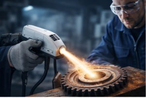 Mężczyzna w rękawicach używa narzędzia do cięcia metalu, tworząc iskrę na zębatce