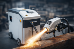 Urządzenie do cięcia metalu z wytwarzającym iskry narzędziem, umieszczone w warsztacie przemysłowym