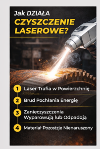 Grafika przedstawiająca proces czyszczenia laserowego z opisem jego działania i krokami