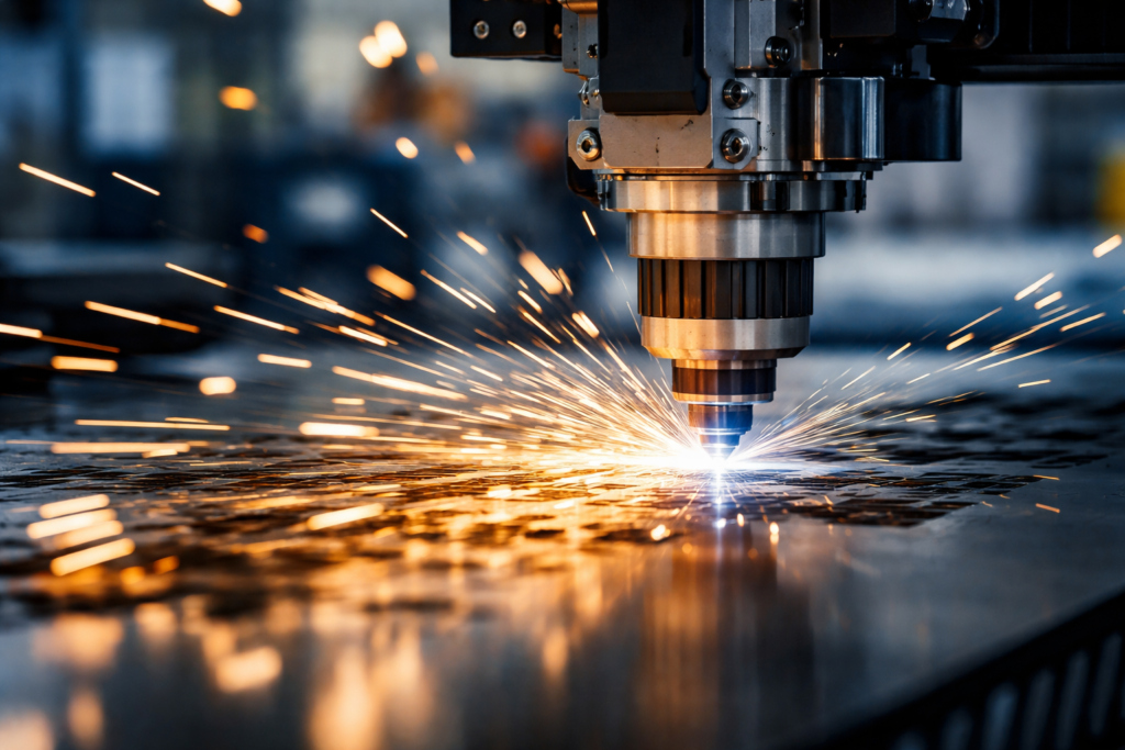 Maszyna laserowa tnie metal, generując iskry na tle warsztatu przemysłowego