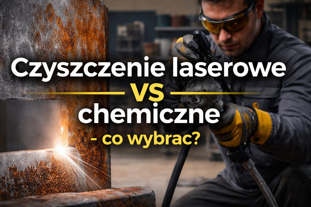 Mężczyzna w rękawicach używa narzędzia do czyszczenia metalu, por&oacute;wnując metody laserowe i chemiczne