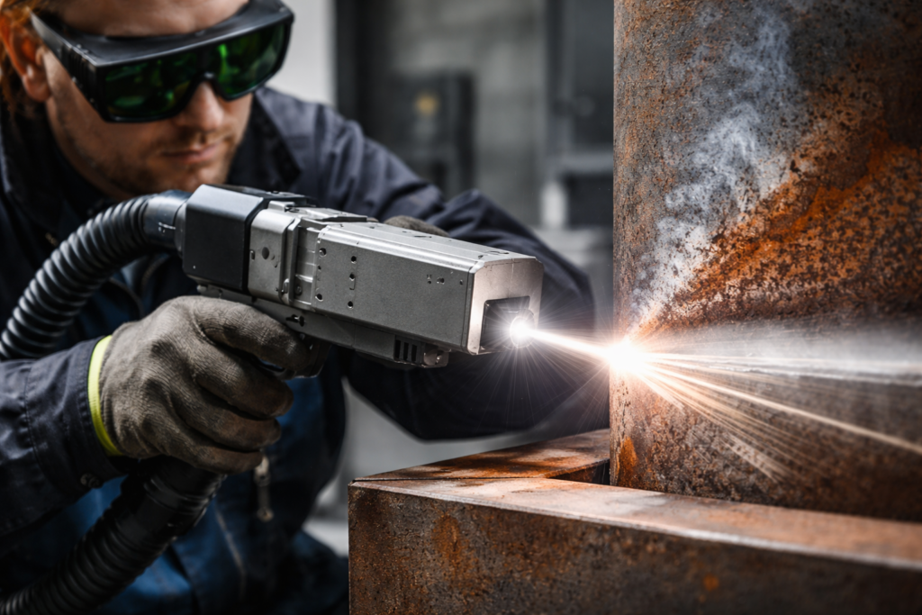 Mężczyzna w rękawicach trzyma urządzenie do spawania, tworząc iskrę na metalowej powierzchni
