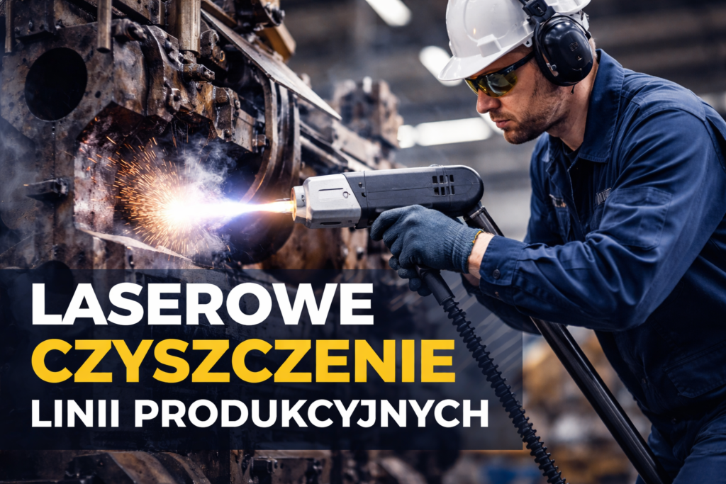 Mężczyzna w kasku i okularach ochronnych używa lasera do czyszczenia linii produkcyjnych w zakładzie przemysłowym