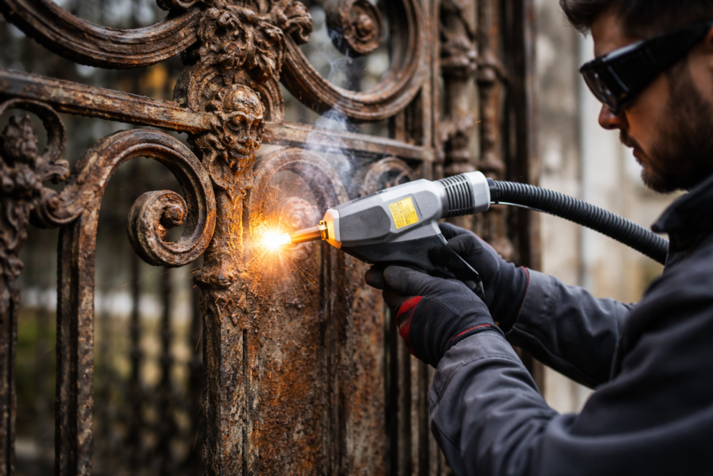 Mężczyzna używa palnika do usuwania rdzy z ozdobnej metalowej bramy. Widać iskry i dym