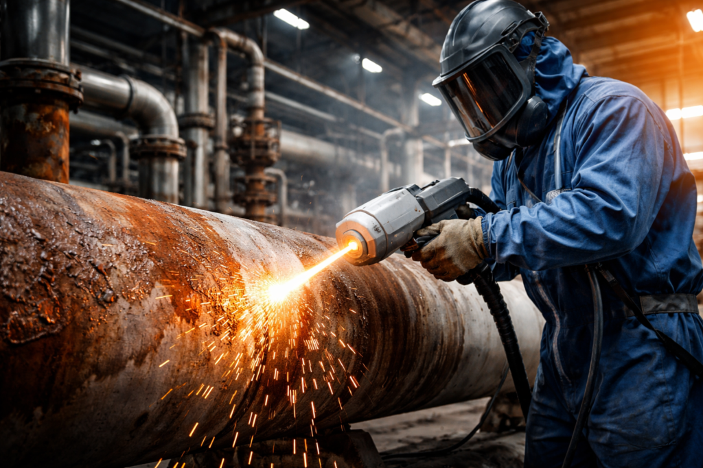Pracownik w kombinezonie ochronnym używa narzędzia do cięcia rury, generując iskry w przemysłowym otoczeniu