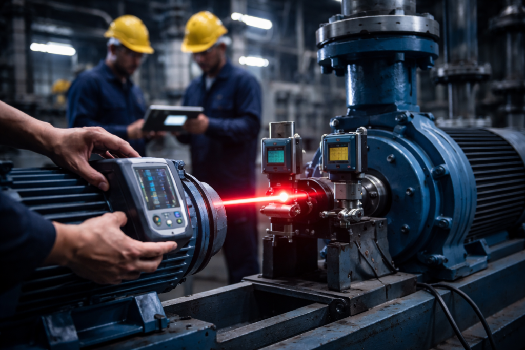 Pracownik obsługuje urządzenie pomiarowe w zakładzie przemysłowym, w tle dwaj koledzy z tabletami