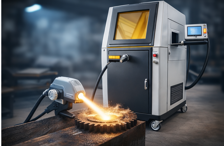 Maszyna przemysłowa z laserem, kt&oacute;ra obrabia zębatkę na drewnianym stole w warsztacie