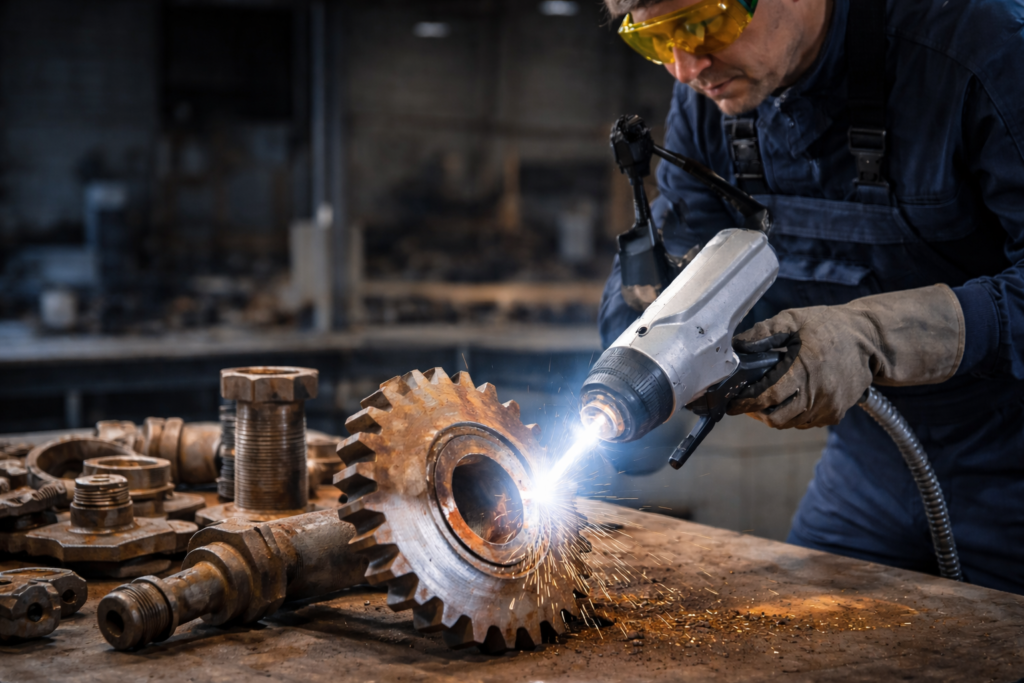 Mężczyzna w rękawicach używa narzędzia do cięcia metalu, generując iskry na zębatce i otaczających elementach