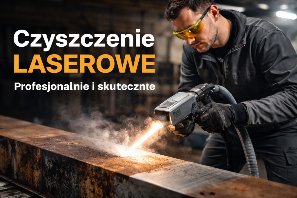 Mężczyzna używa lasera do czyszczenia metalu w warsztacie, otoczony dymem i kurzem