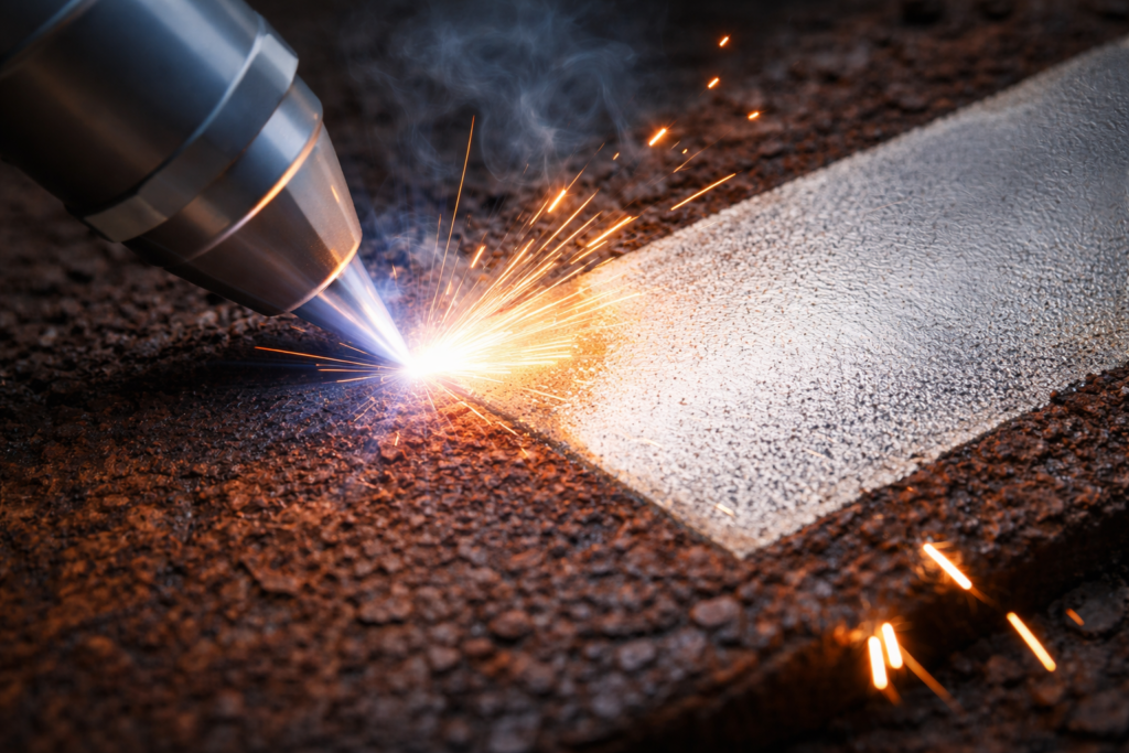 Laser tnący metal, generujący iskry i dym, na tle ciemnej powierzchni