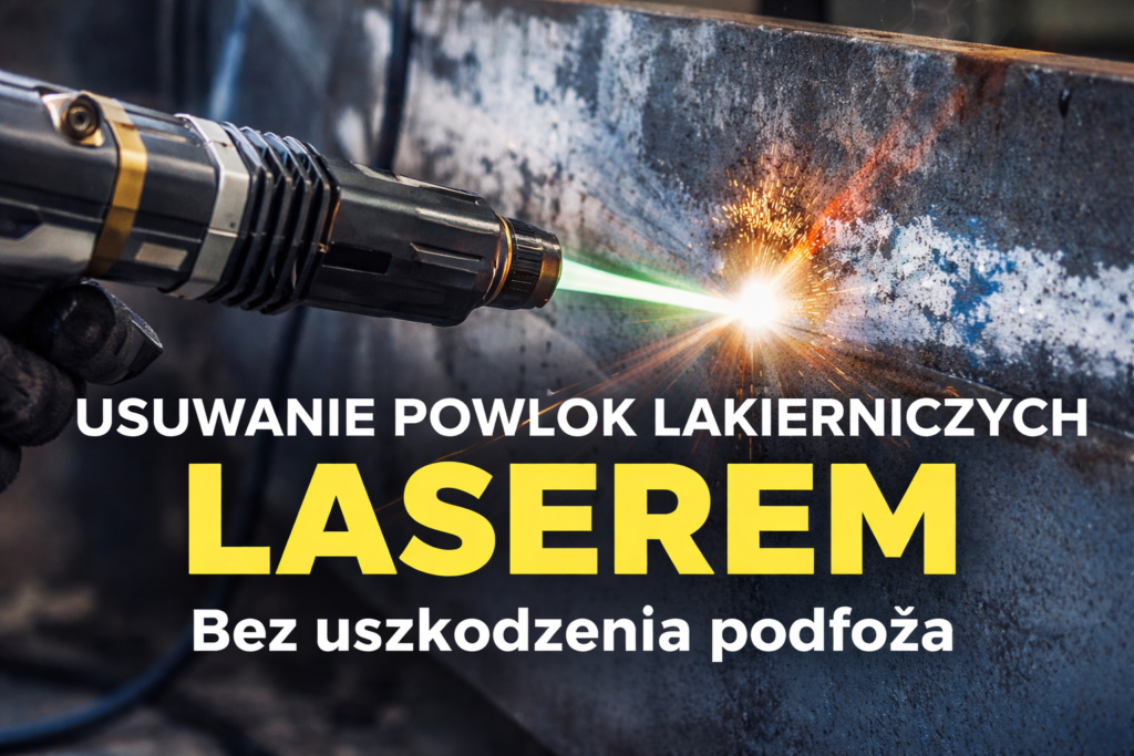 Urządzenie do usuwania powłok lakierniczych laserem, emitujące zielony promień na metalowej powierzchni