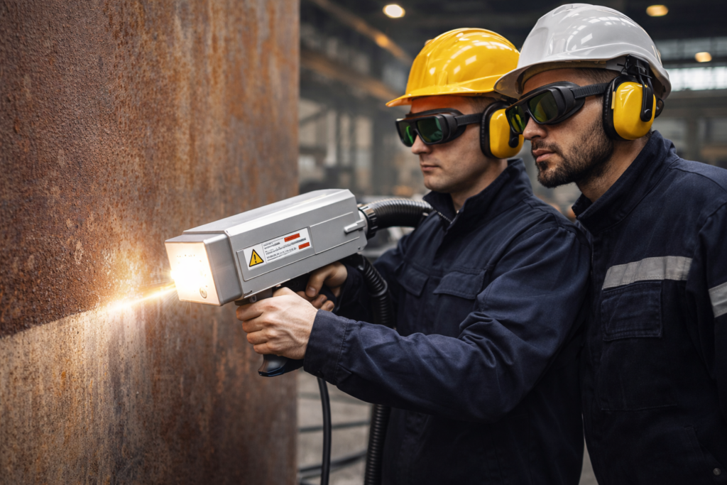 Dwaj pracownicy w kaskach i słuchawkach, używają urządzenia do analizy metalu w zakładzie przemysłowym