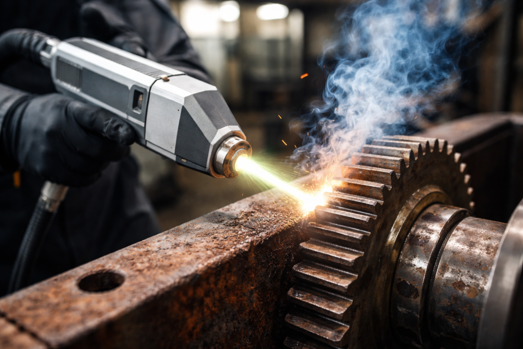Osoba używająca narzędzia do cięcia metalu, generująca iskry i dym w warsztacie