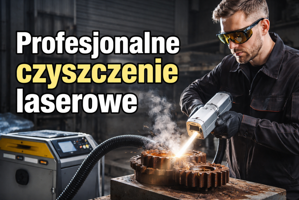 Mężczyzna w okularach ochronnych wykonuje profesjonalne czyszczenie laserowe metalowych części w warsztacie