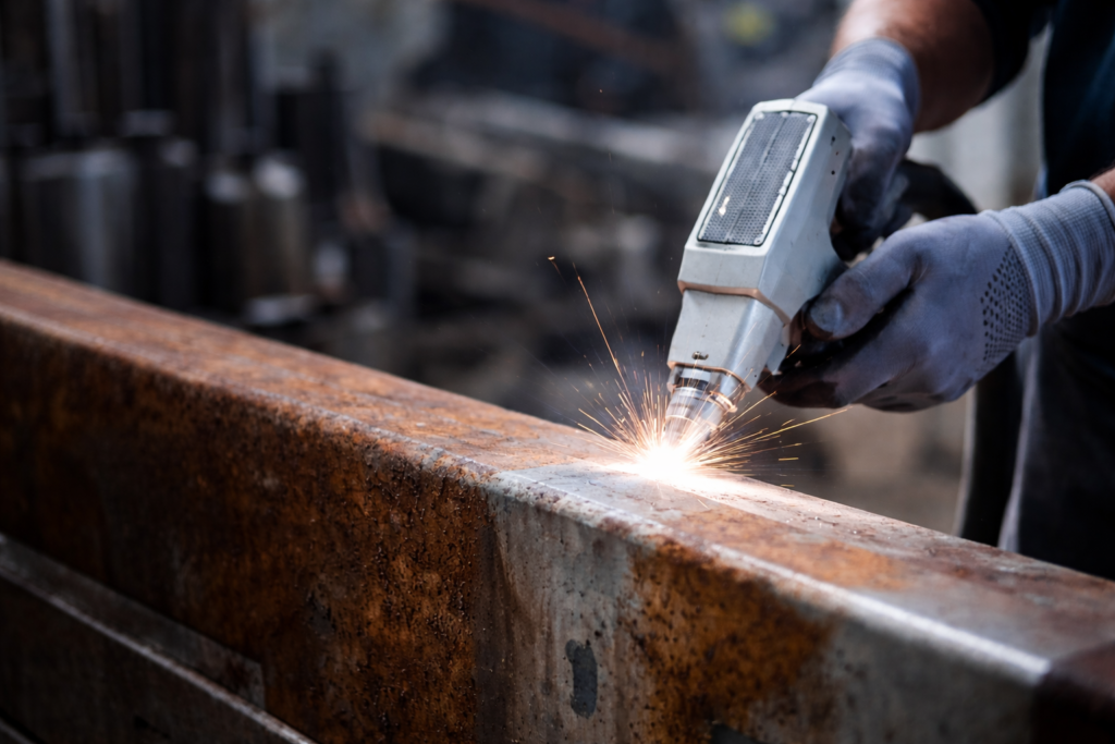Osoba używająca narzędzia do spawania metalu, z iskrami unoszącymi się z powierzchni
