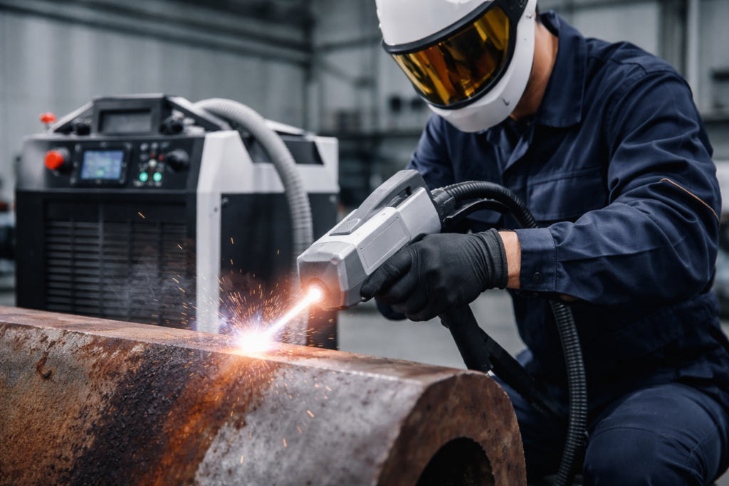 Mężczyzna w kasku spawacza pracuje z urządzeniem spawalniczym, tworząc iskry na metalowej powierzchni