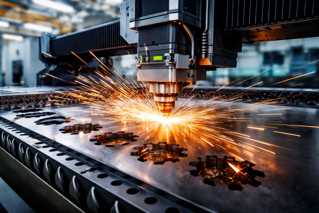 Maszyna laserowa tnie metal, generując iskry i tworząc precyzyjne otwory w blachach