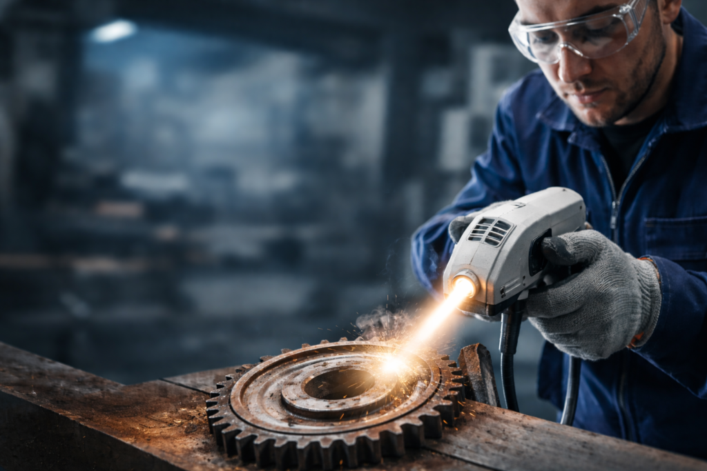 Mężczyzna w rękawicach używa narzędzia do obr&oacute;bki metalu, generując iskry nad zębatką na stole warsztatowym