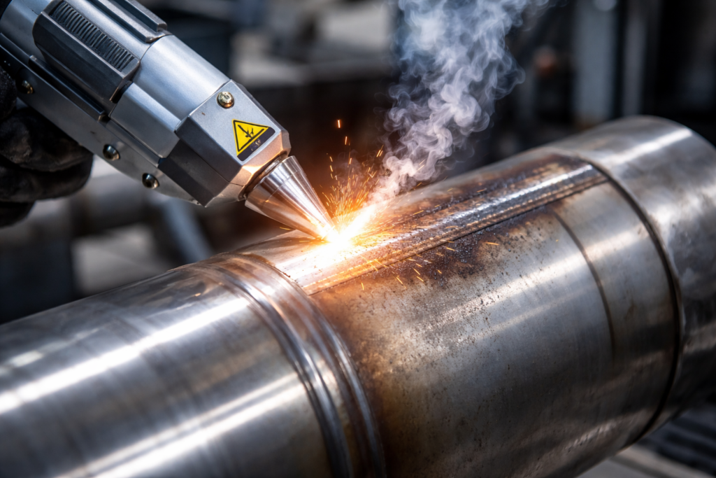 Lutowanie metalu za pomocą lasera, z widocznymi iskrami i dymem w tle