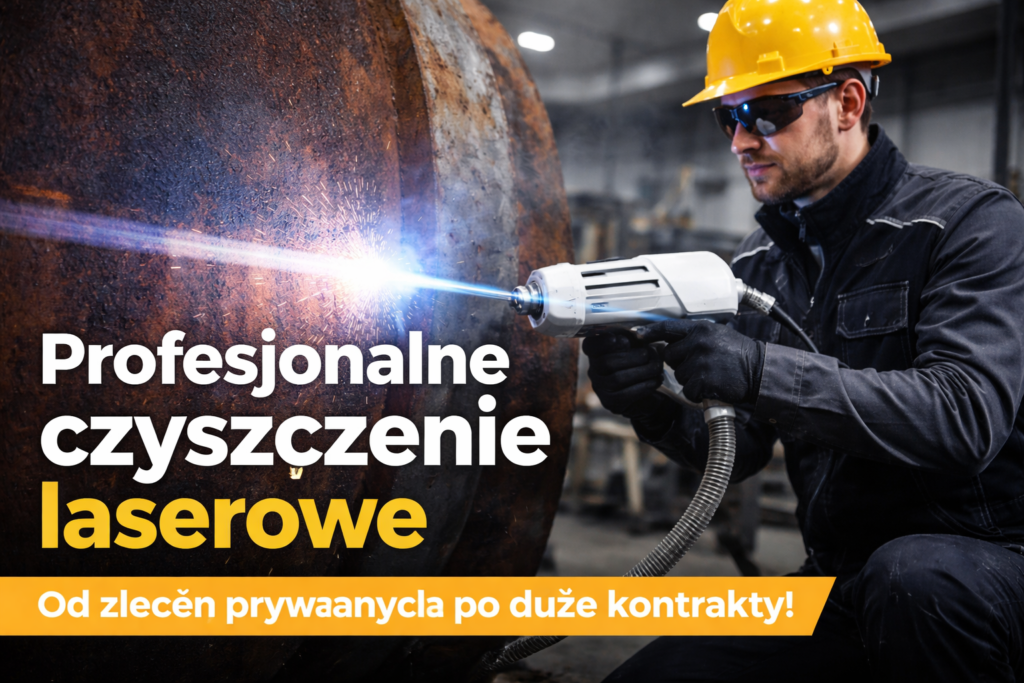 Mężczyzna w kasku i okularach ochronnych używa lasera do czyszczenia metalowej powierzchni w warsztacie