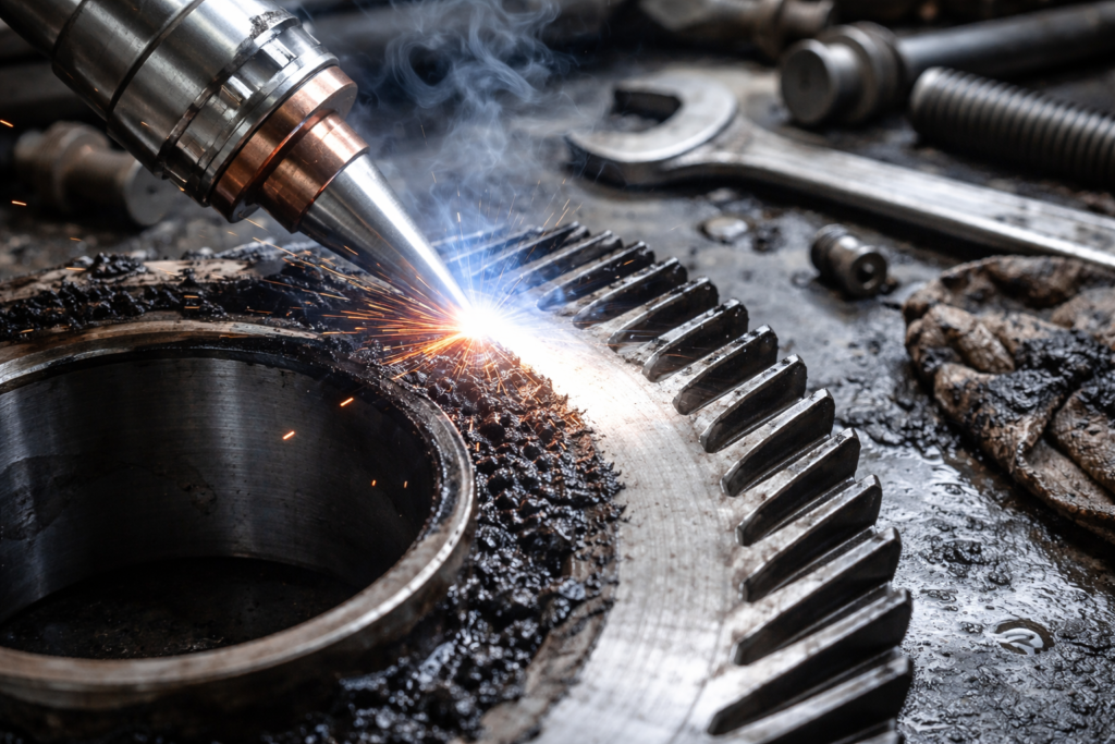 Płomień spawania na zębatce, wok&oacute;ł narzędzia i smar, w tle metalowe elementy warsztatowe