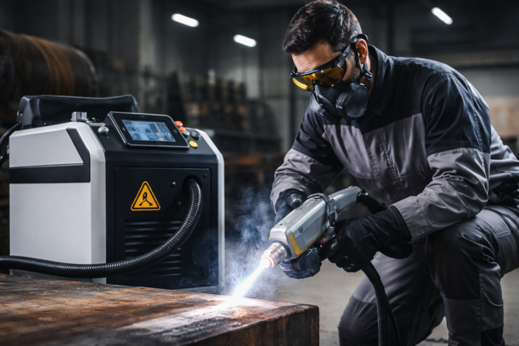 Mężczyzna w kombinezonie roboczym używa narzędzia do obr&oacute;bki metalu w warsztacie przemysłowym