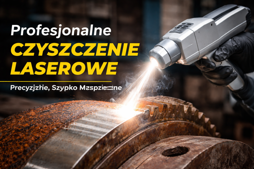 Profesjonalne czyszczenie laserowe metalu, pokazujący urządzenie w akcji na zardzewiałym kole zębatym
