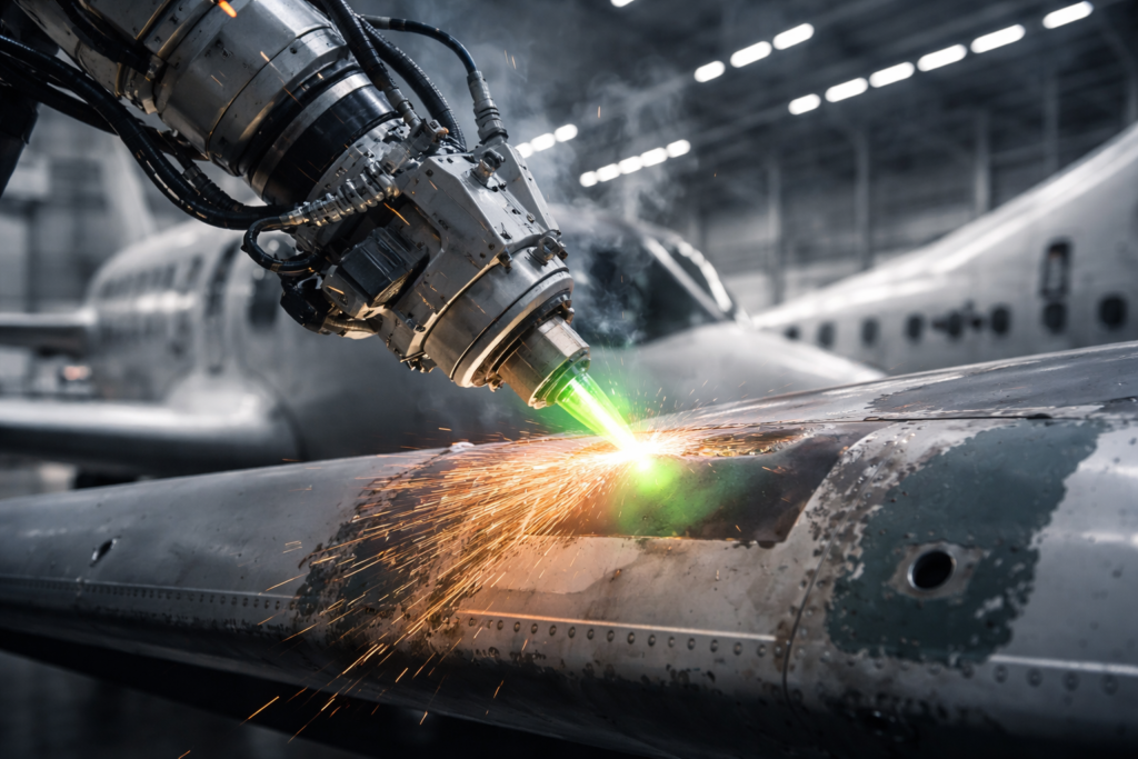 Robot spawający używa lasera do naprawy metalowej powierzchni samolotu w warsztacie. Widać iskry i dym
