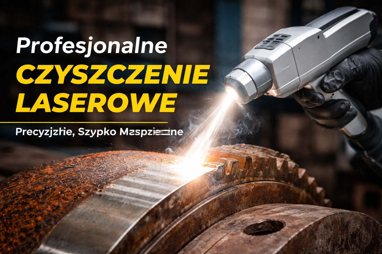 Profesjonalne czyszczenie laserowe metalu, pokazujący urządzenie w akcji na zardzewiałym kole zębatym